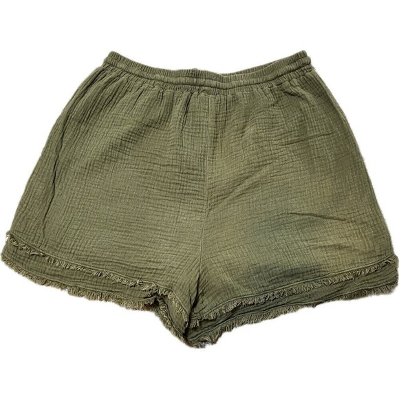 Cotton Bleu Women's Slub Olive Green Elastic Waist Raw Hem Shorts Size M - Picture 2 of 7